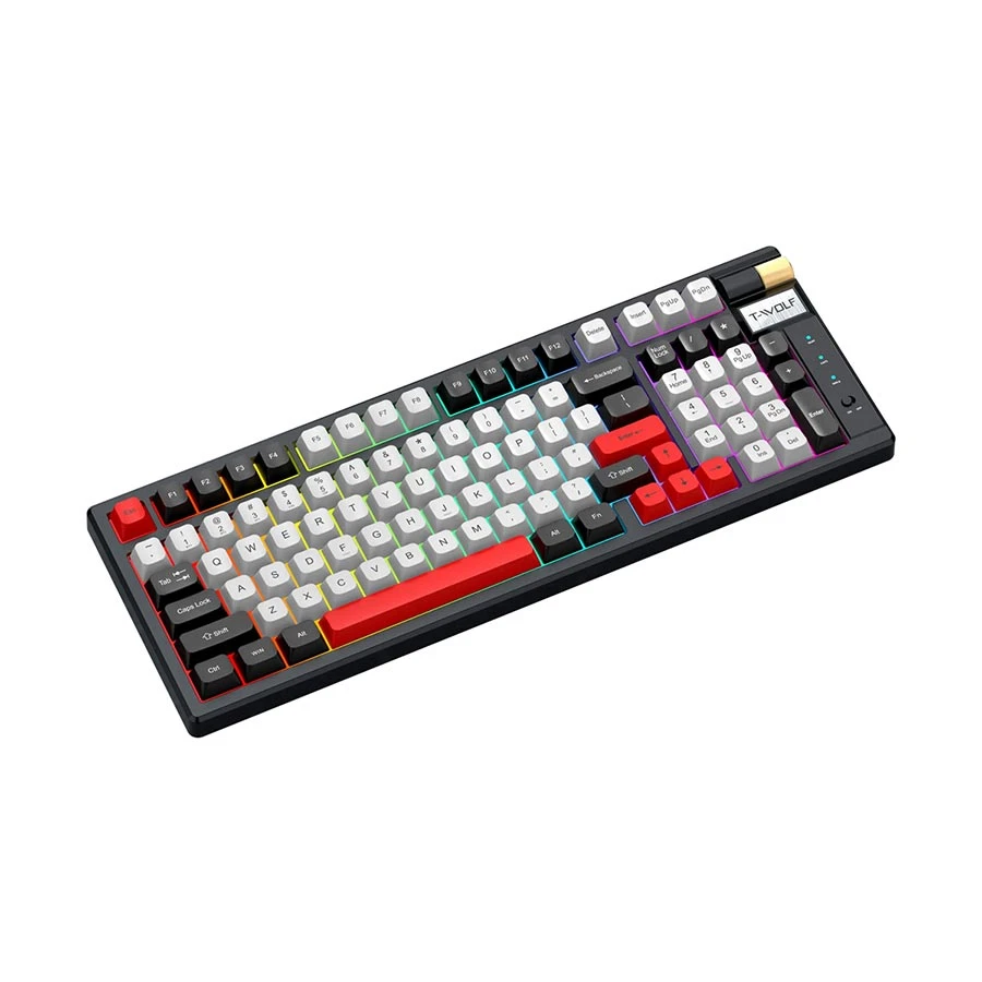 T-WOLF T70 RGB Tri Mode Hot Swap (Red Switch) Black & White + Red Mechanical Gaming Keyboard