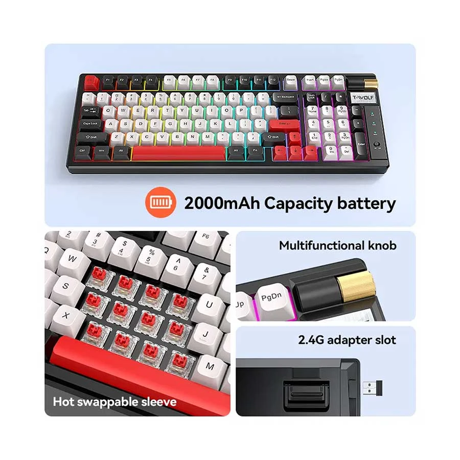 T-WOLF T70 RGB Tri Mode Hot Swap (Red Switch) Black & White + Red Mechanical Gaming Keyboard